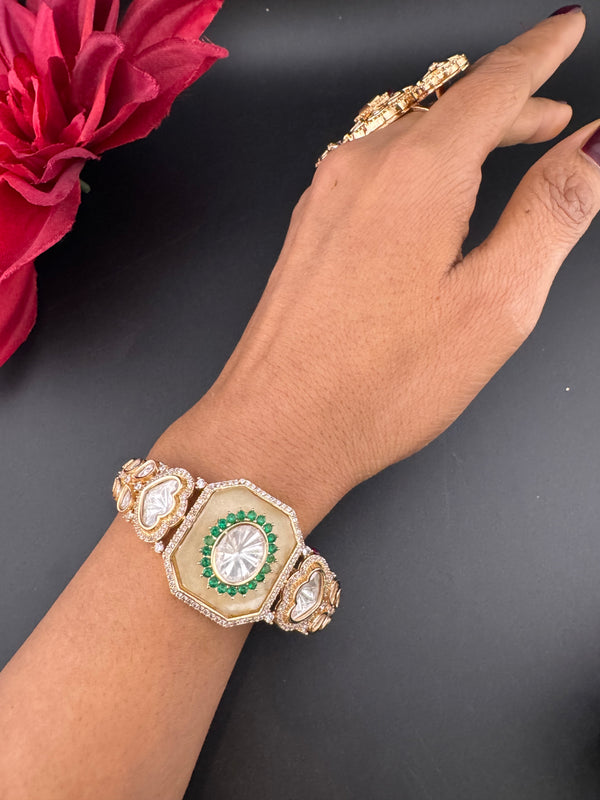 Moissanite Kundan, MOP, CZ Adjustable Bracelet Bangle, Gold Polish (Fits size 2.6")