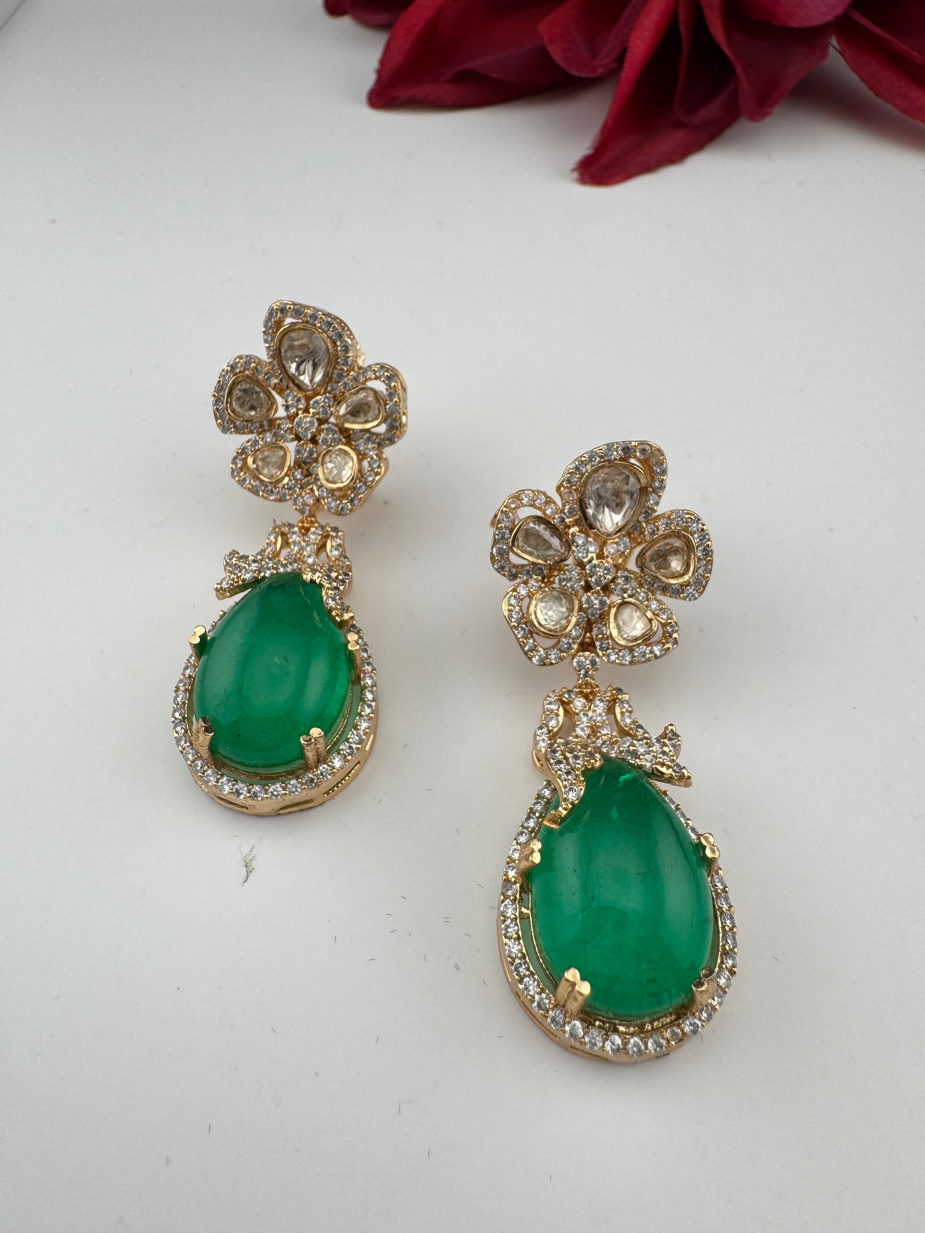 Green and Gold Kundan, Doublet Stone Chandelier Drop Earrings, Bridal, Moissanite, CZ, Designer jewelry