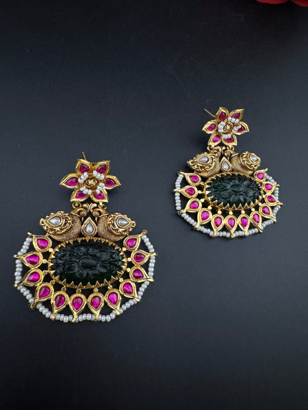 Gold and Green Carved stone, pacchi Kundan, Pearls Chandelier Chandbali Earrings, Bridal Designer jewelry