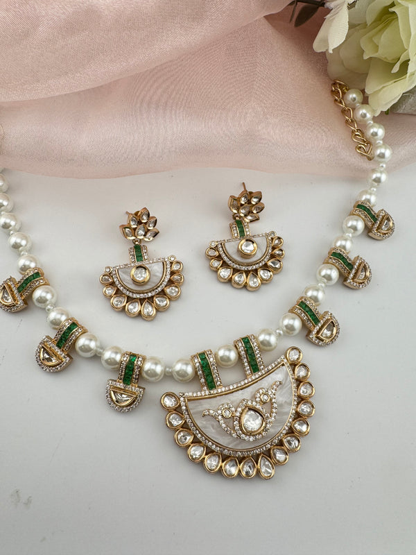 Kundan, Moissanite, MOP, CZ Flexible Gold necklace set, Indian Bridal Jewelry