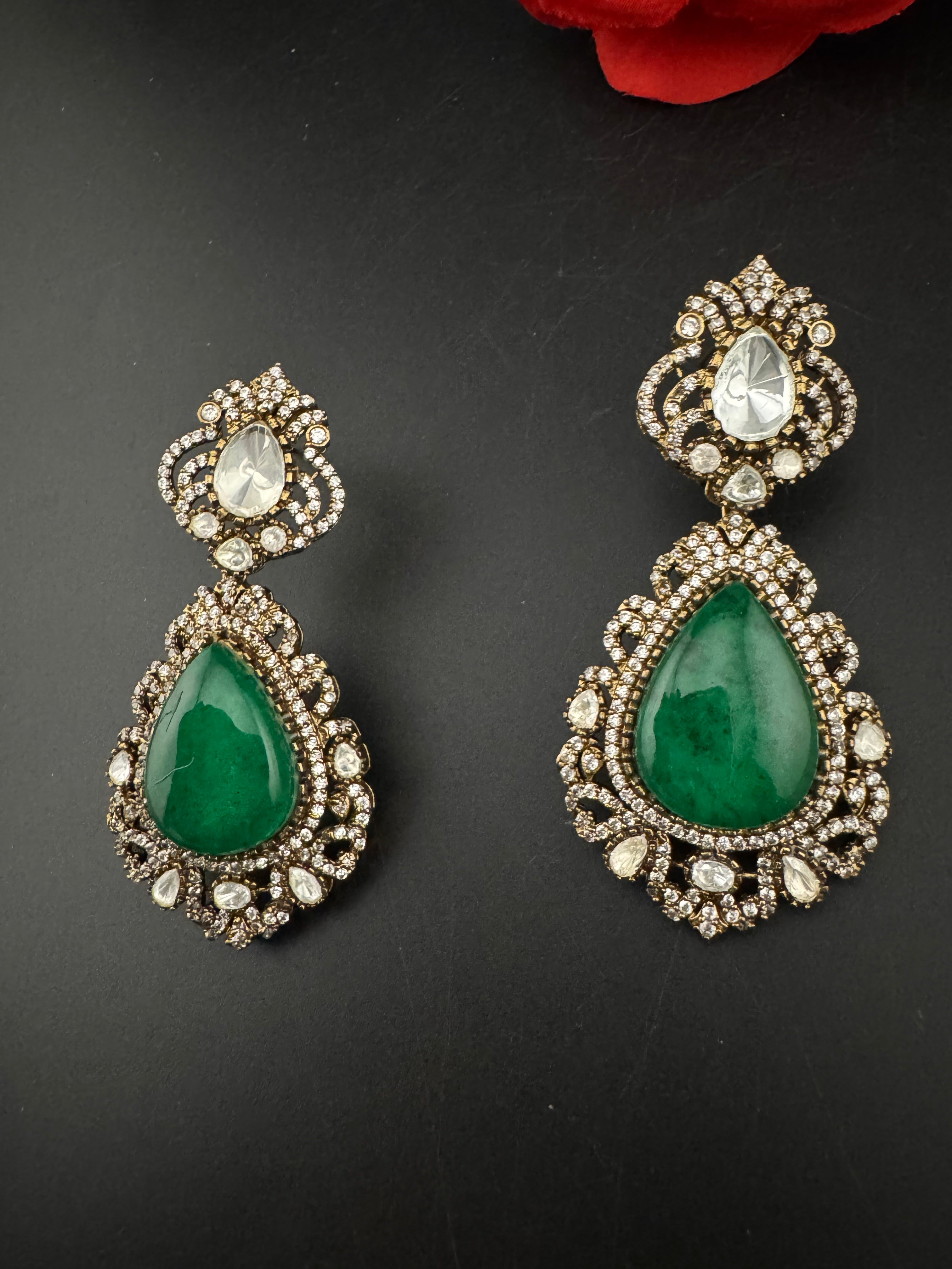 Green and Gold Kundan, Doublet Stone Chandelier Long Earrings, Bridal, Moissanite, CZ, Designer jewelry