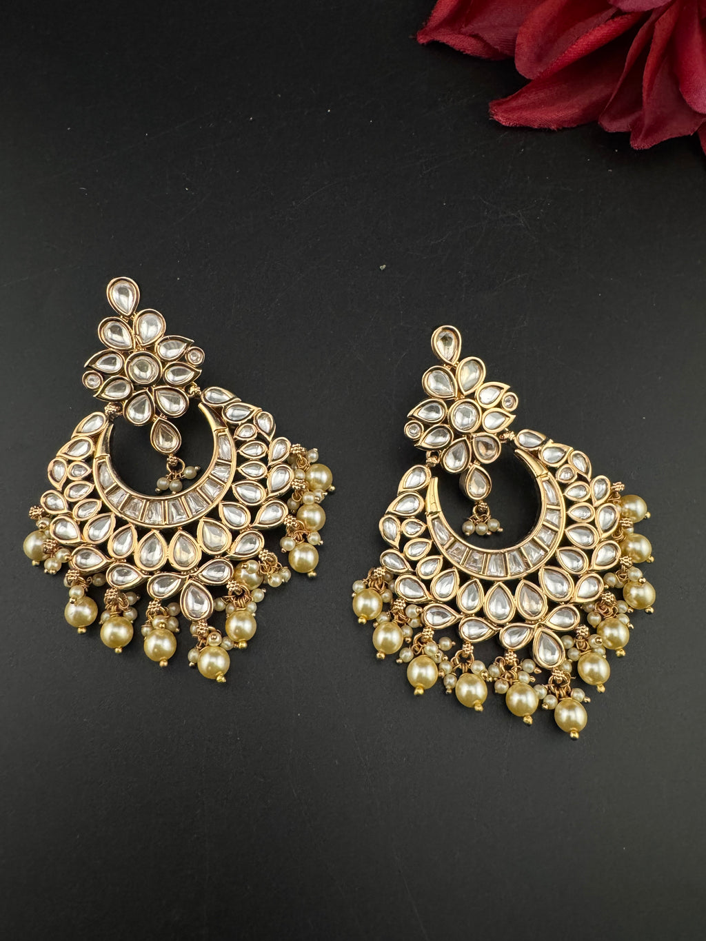 White and Gold Kundan, Pearls Chandelier Earrings, High shine Bridal, Moissanite ,CZ, Designer jewelry