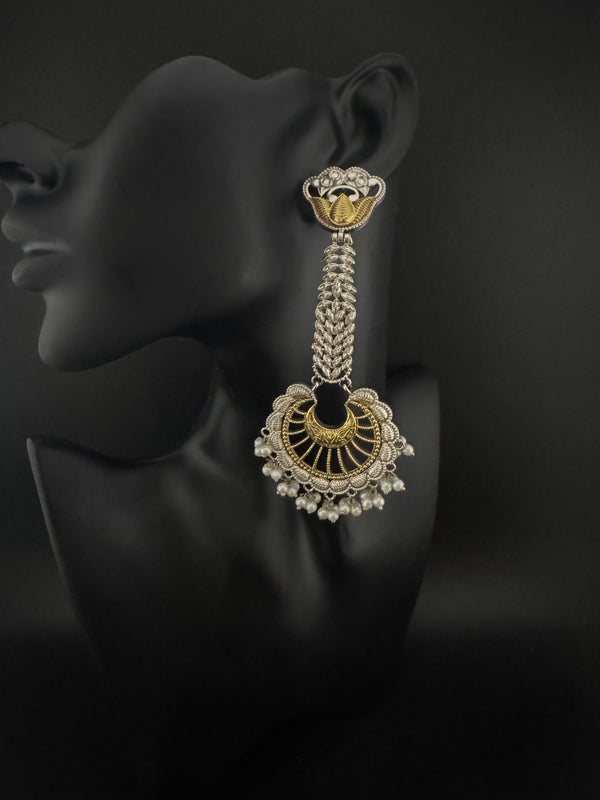 Oxidized Silver and Gold ChandBali Very long Earrings, designer jewelry