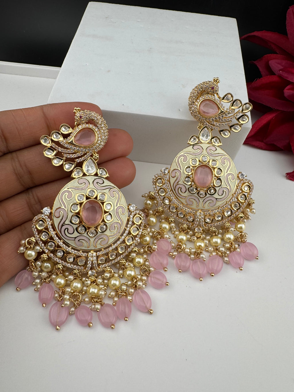 Enamel and Gold Kundan Chandelier Long Earrings, High shine Bridal Moissanite CZ, Designer Earrings