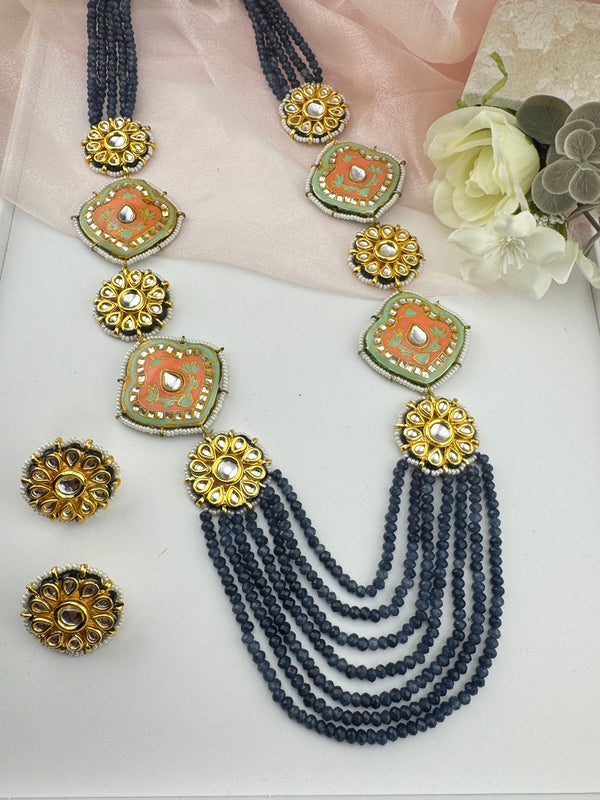 Kundan, Enamel, Minakari, Hydro Beads Long Gold Choker necklace set, Double sided Rani haar