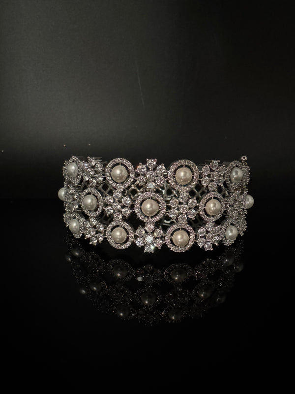 Openable Designer bracelet with Pearls, crystal stones, CZ Nano setting, Fits size upto 2.6"