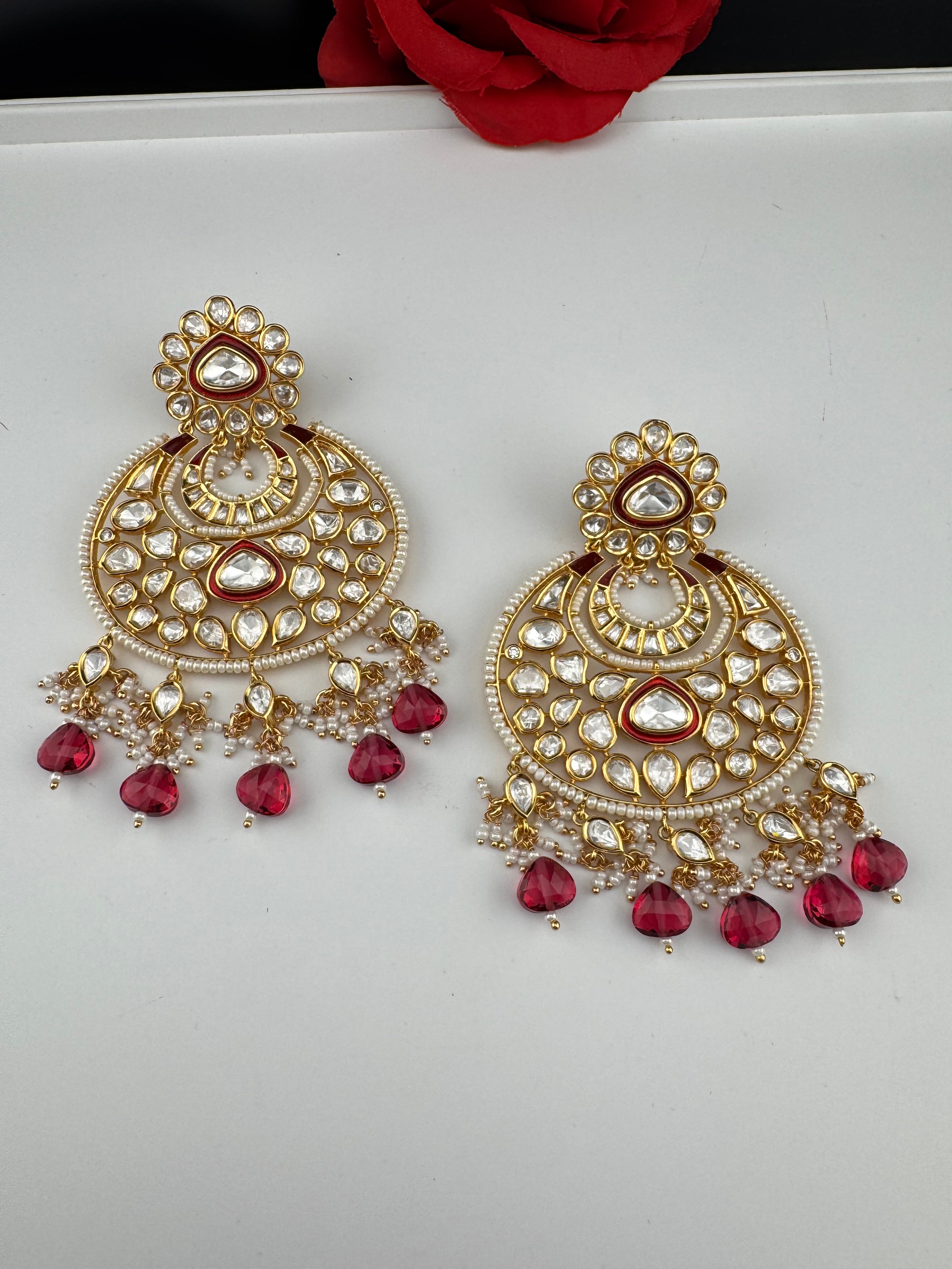 Red and Gold Kundan Chandelier Earrinngs, High shine Bridal Moissanite CZ, Shiney Gold Designer