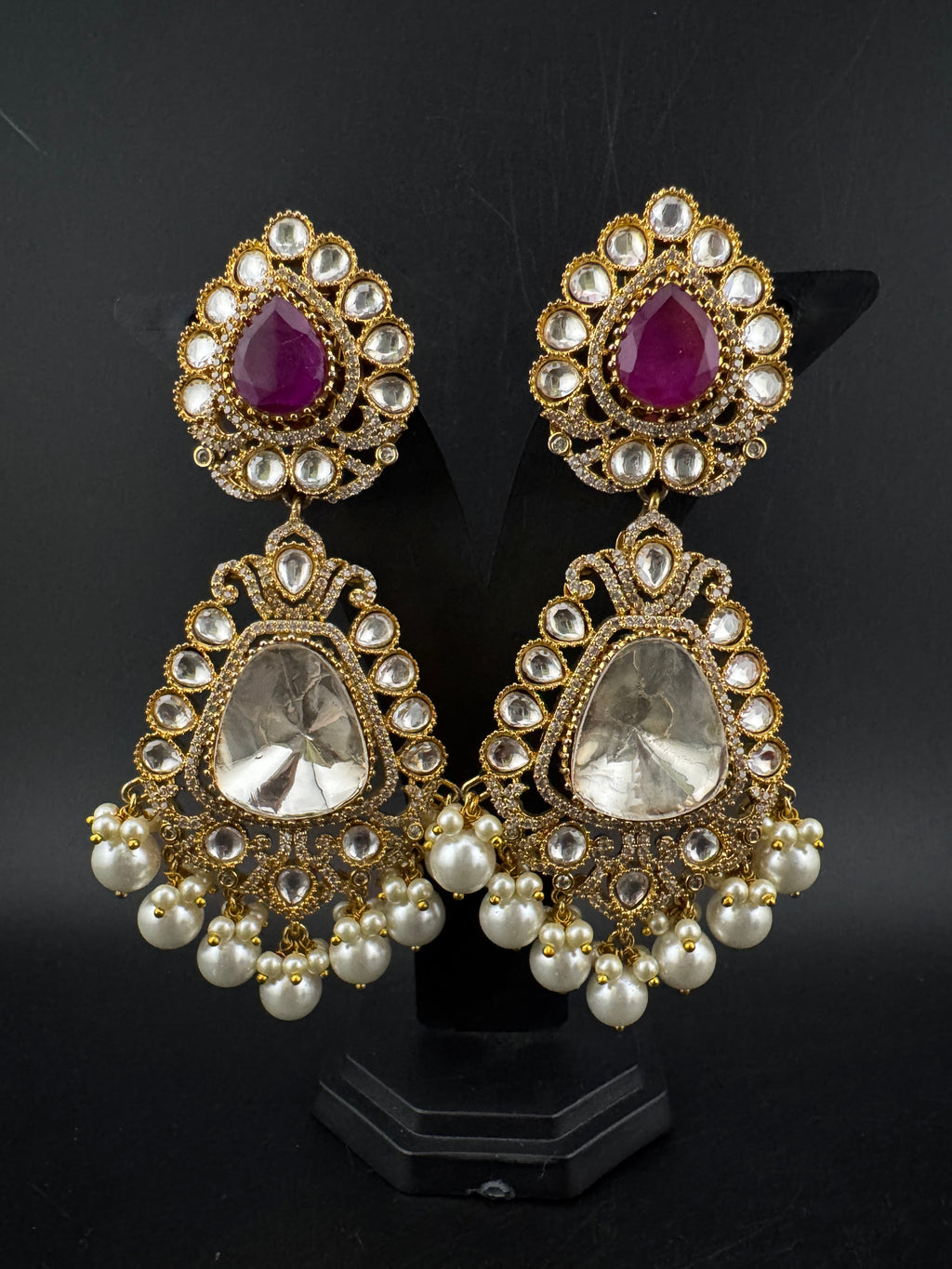 Purple and Gold Kundan, Pearls Chandelier Long Earrings, Bridal, Moissanite, CZ, Designer jewelry
