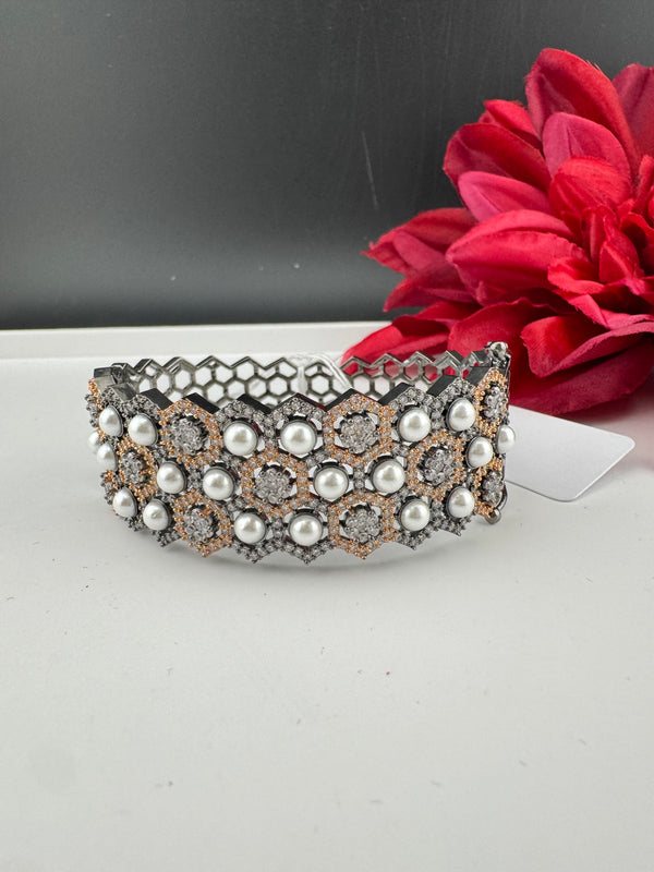 Openable Designer bracelet with Pearls, crystal stones, CZ Nano setting, Fits size upto 2.6"