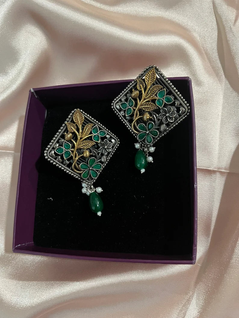 Green oxidized silver earring stud with stone and pearl, Oxidized silver earring