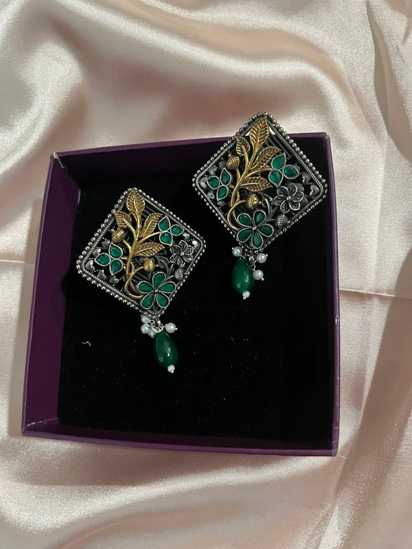 Green oxidized silver earring stud with stone and pearl, Oxidized silver earring