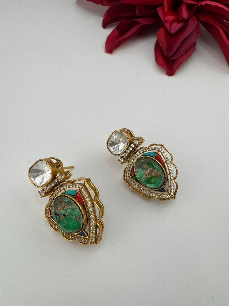 Premium designer stud earrings, with Uncut Kundan, CZ and Doublet Marble stone