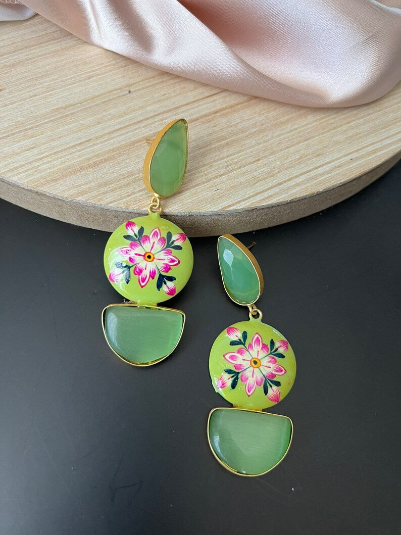 Gold and Light Green earring with Minakari and Monalisa Stone