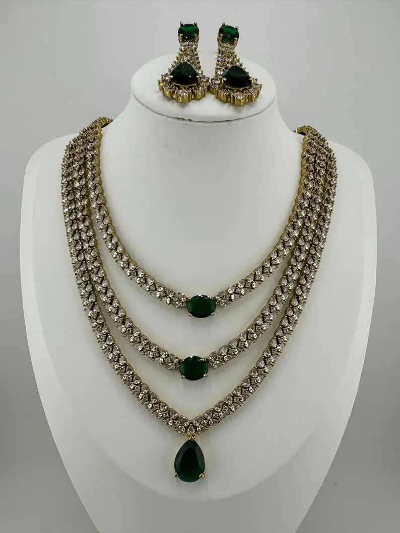 Victorian 3 layer Green Necklace set with long earrings