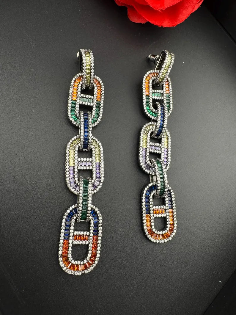 Unique Nano Setting Cubic Zirconia Multicolor Long Earrings