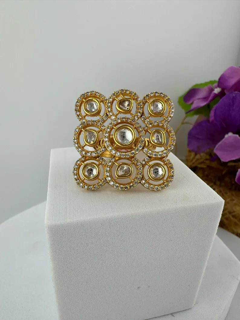 Moissanite Kundan Adjustable Square Finger Ring, Tyaani inspired