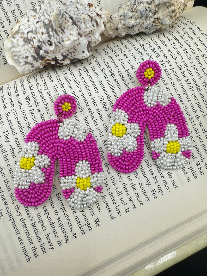 Beaded Hot Pink with flowers Quirky earring, Handmade earring