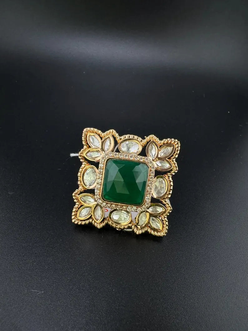 Moissanite Kundan and Green Stone Adjustable Square Finger Ring, Tyaani inspired