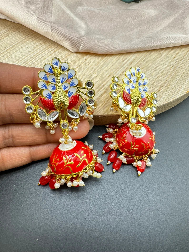 Peacock Jhumka Earrings with Kundan, Minakari, CZ and pearls in Gold Polish
