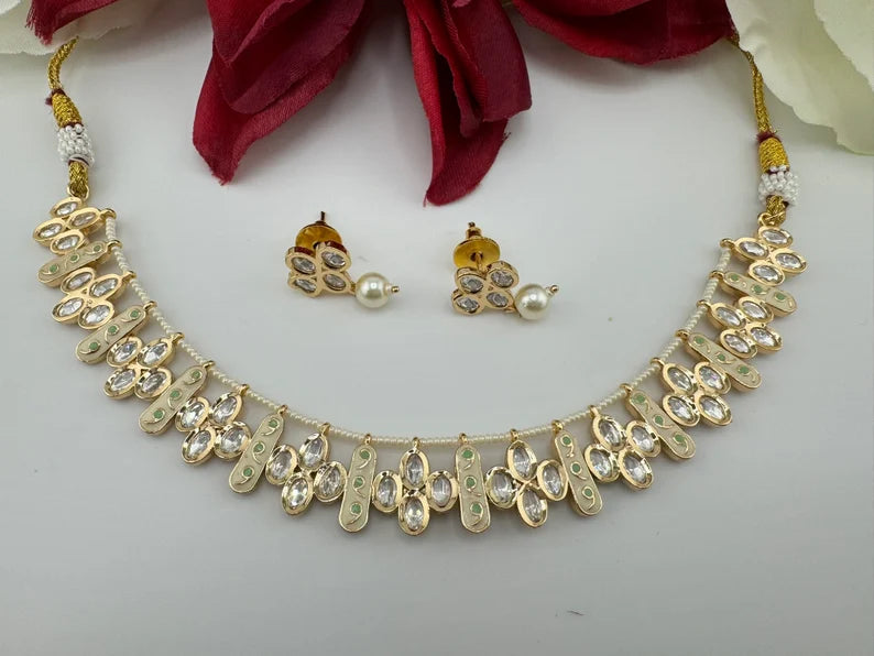 Premium Quality Tyaani Kundan, Italian Minakari Necklace with studs earring
