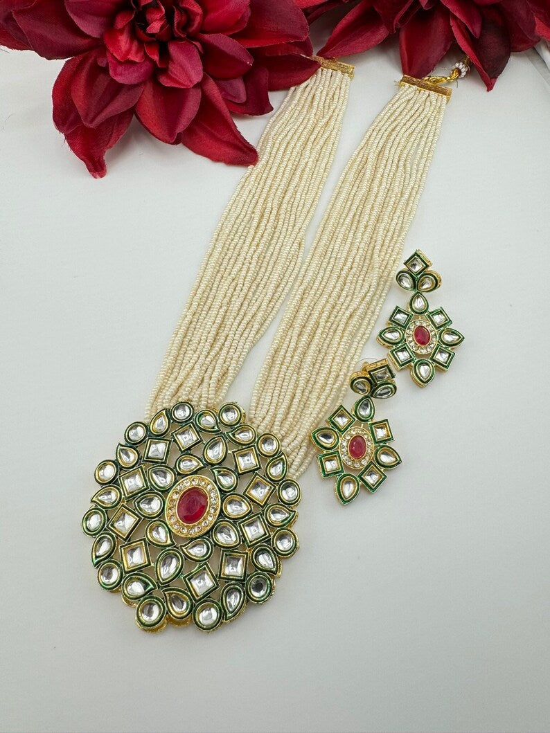 Kundan in small pearls Long Necklace set with earrings