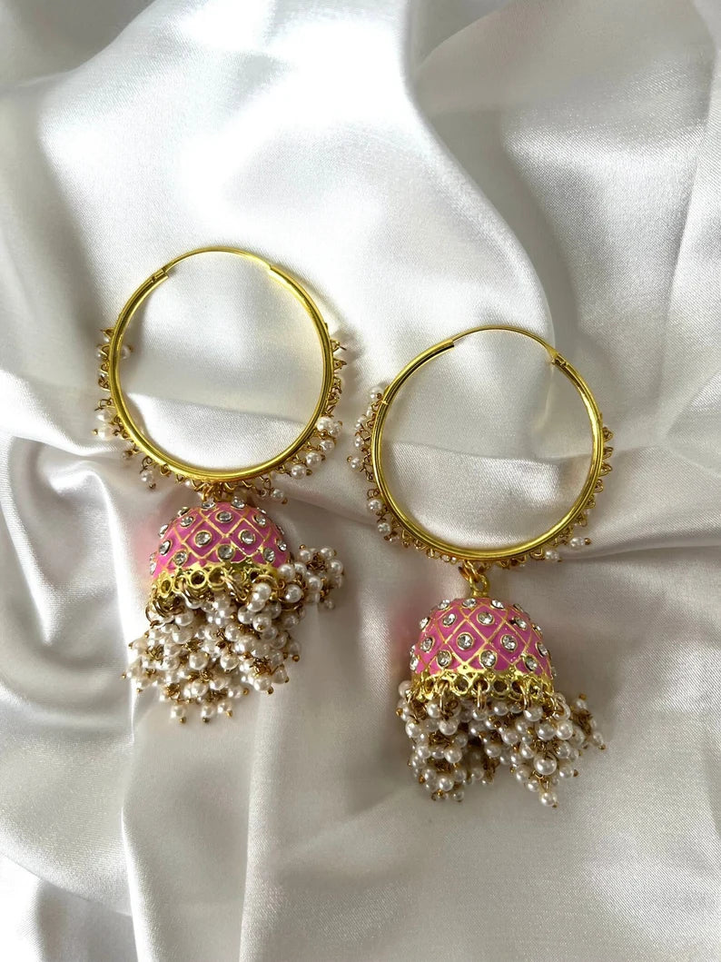 Premium Pink Jhumka Earrings with Minakari, CZ and pearls