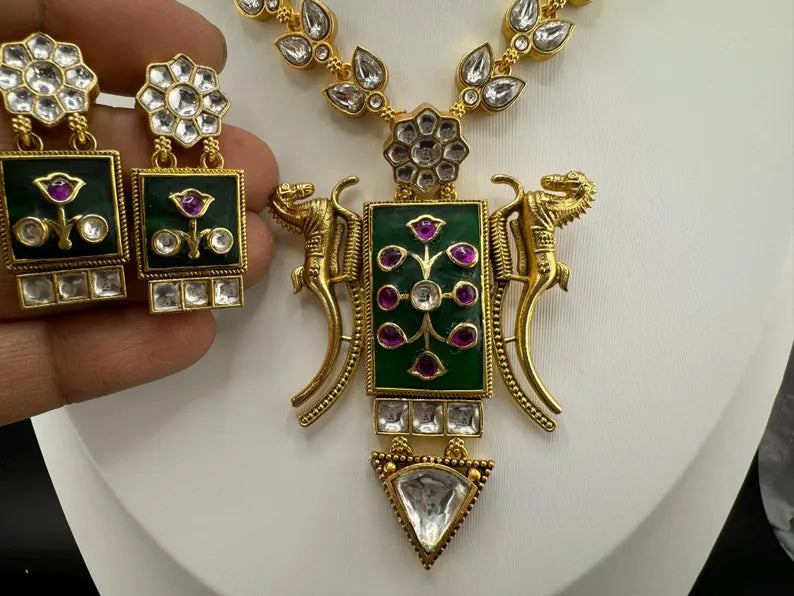 Green Amrapali Inspired, Premium Quality Inlay work on natural stone long Necklace