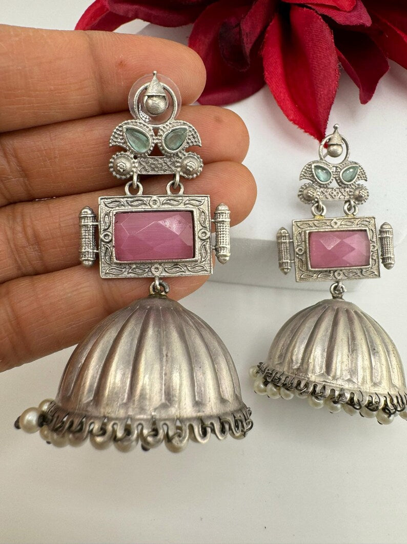 Oversized Oxidized German Silver Premium Jhumka earrings with Pink Monalisa stone