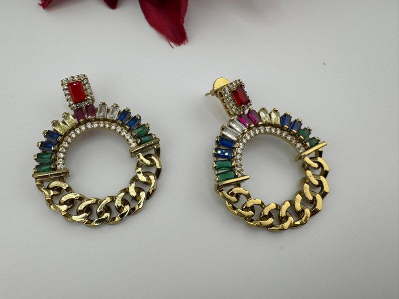 Premium earrings in Gold Chain design, with multicolor glass crystals