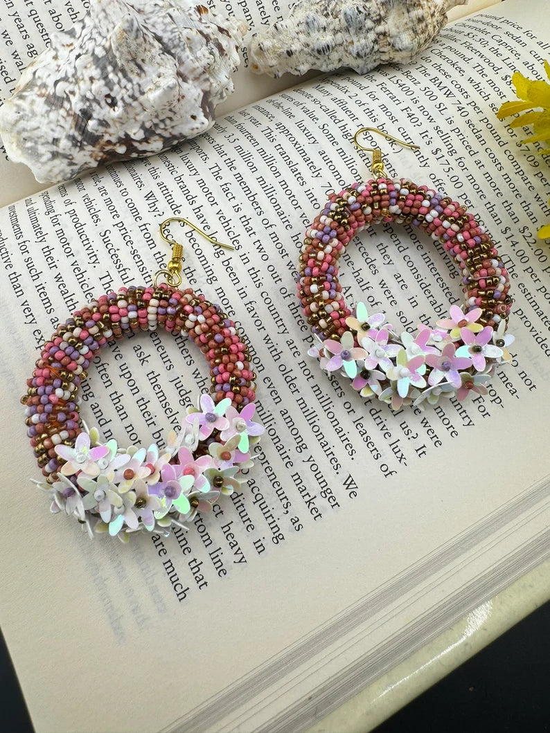 Beaded multicolor flower hoop Quirky earring, Handmade earring