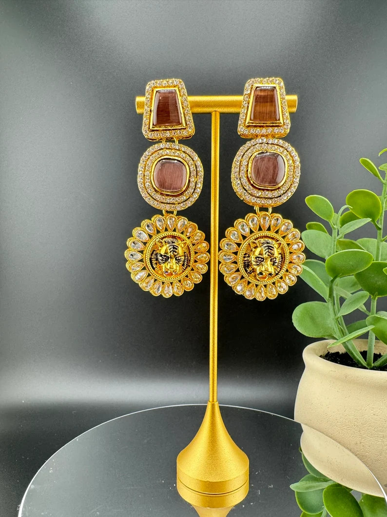 Premium Sabyasachi inspired designer Chand Bali earring Wine Brown color, Long Chandelier earring