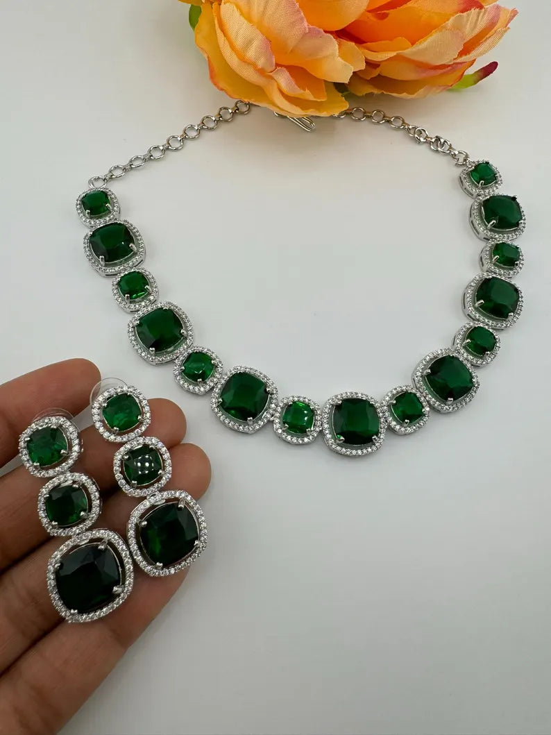 Monalisa stone American Diamond, Cubic Zirconia Necklace Set in Silver Polish