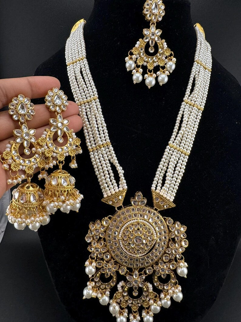 Kundan Bridal Long Necklace Set with Jhumka and Tikka