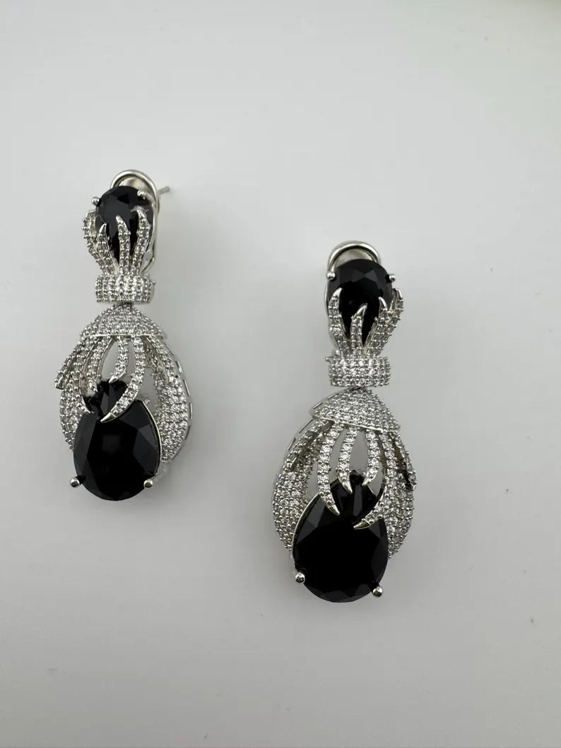 Premium Nano Setting Cubic Zirconia Chandelier earrings with Black Stone