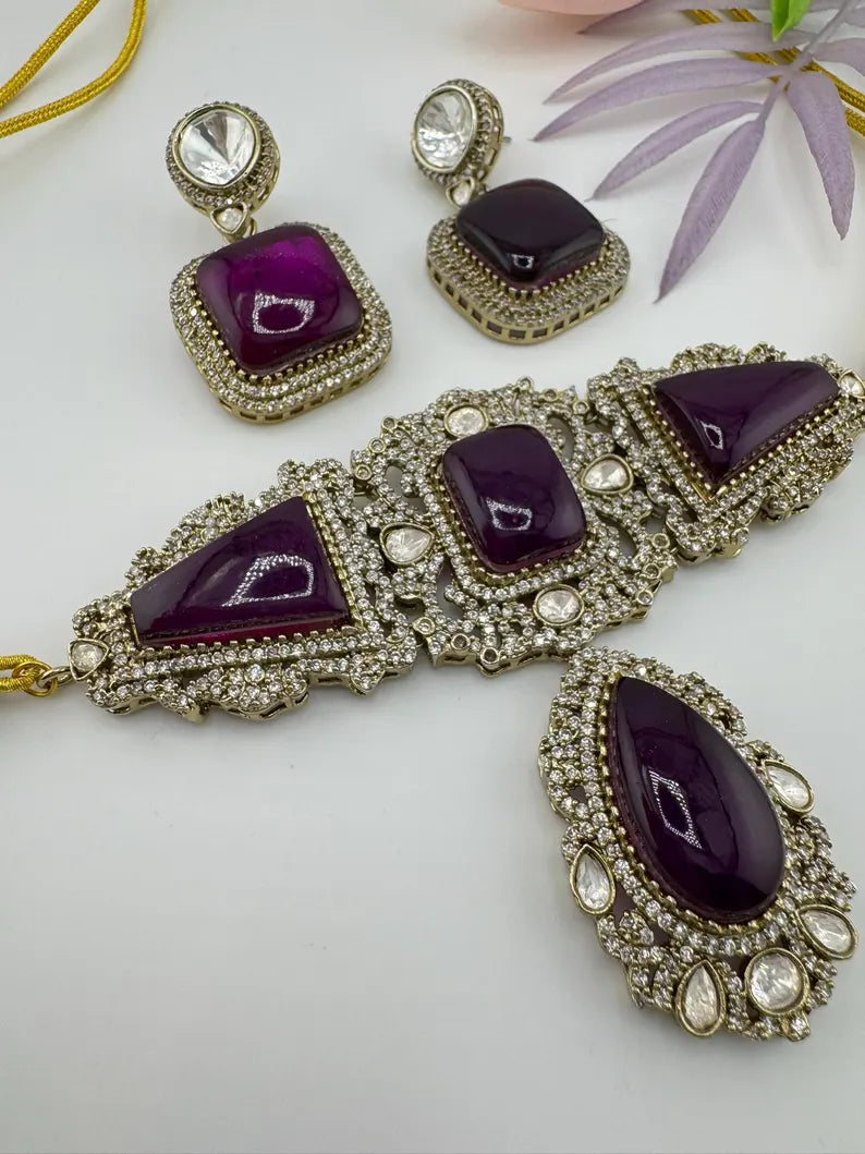 Premium Moissanite Kundan, CZ, Doublet stones Designer Choker necklace