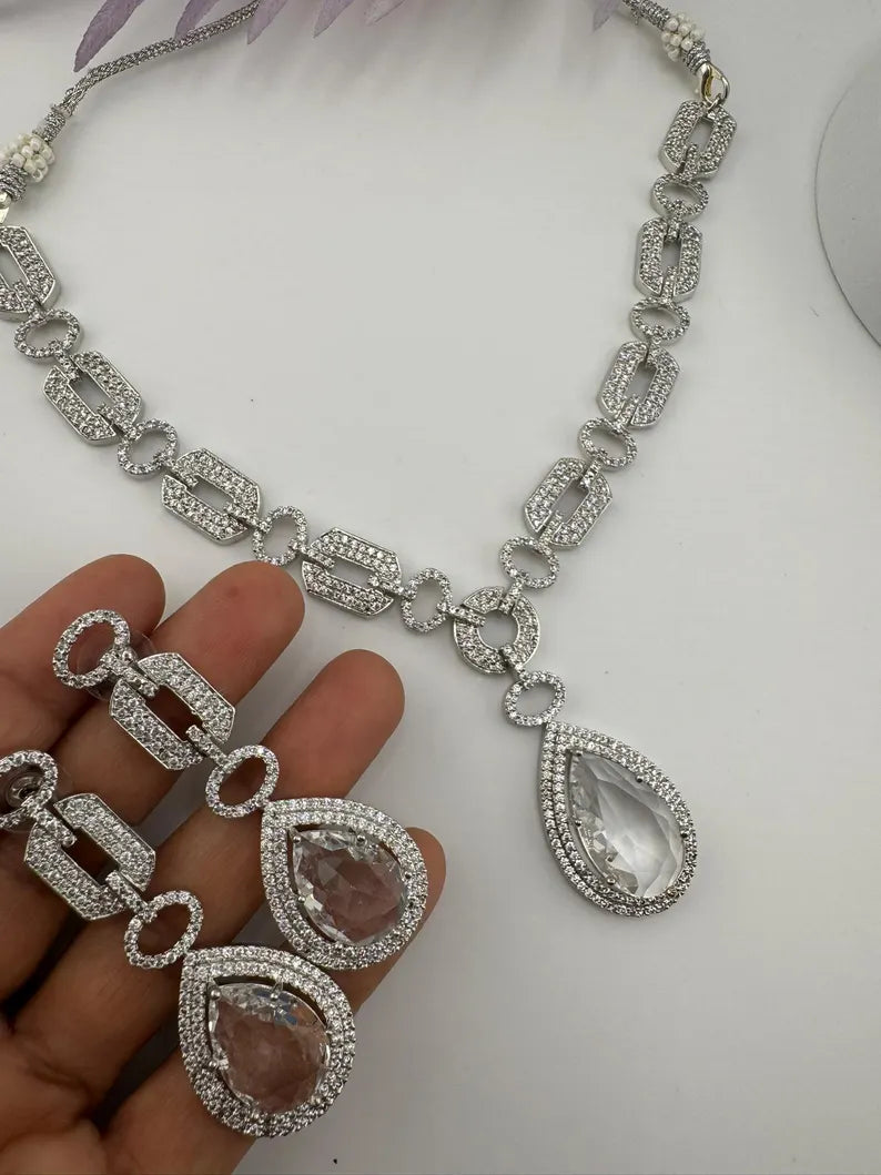 Silver polish American Diamond, Cubic Zirconia Chain style Clear Necklace set