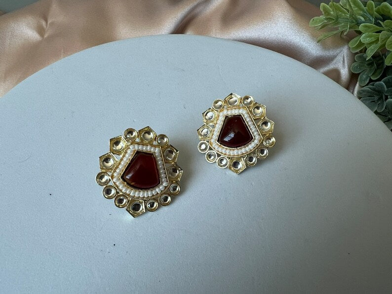 Gold Maroon, Red Stud Monalisa Stone, Pearl earring