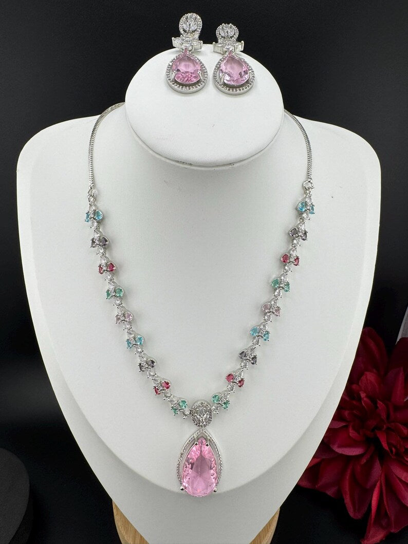 Crystal Stones and American Diamond, Cubic Zirconia Necklace set with earrings