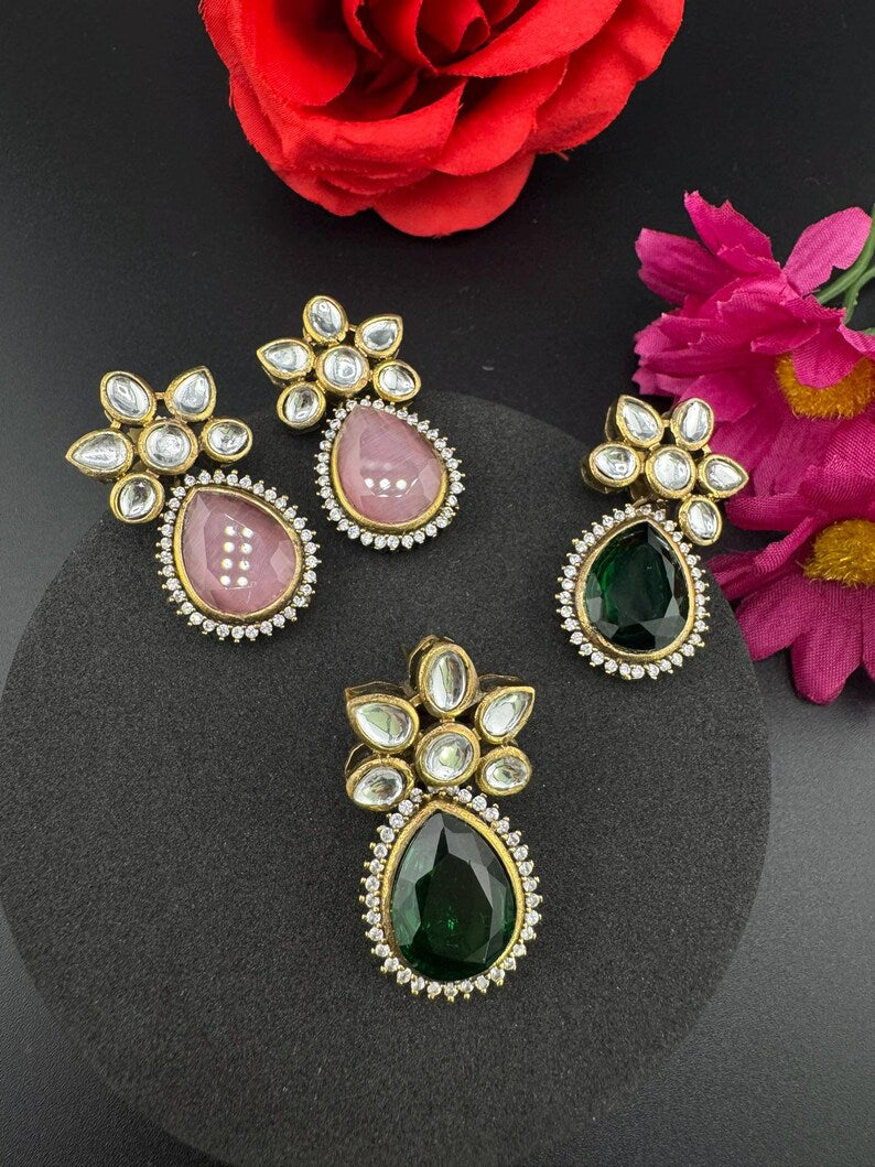 Small Drop earrings With Kundan, Stone and Cubic Zirconia