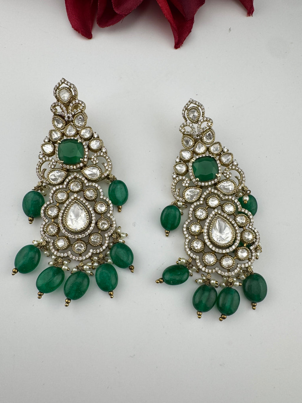 Green and Gold Kundan, Pearls Chandelier Long Earrings, Bridal, Moissanite, CZ, Designer jewelry