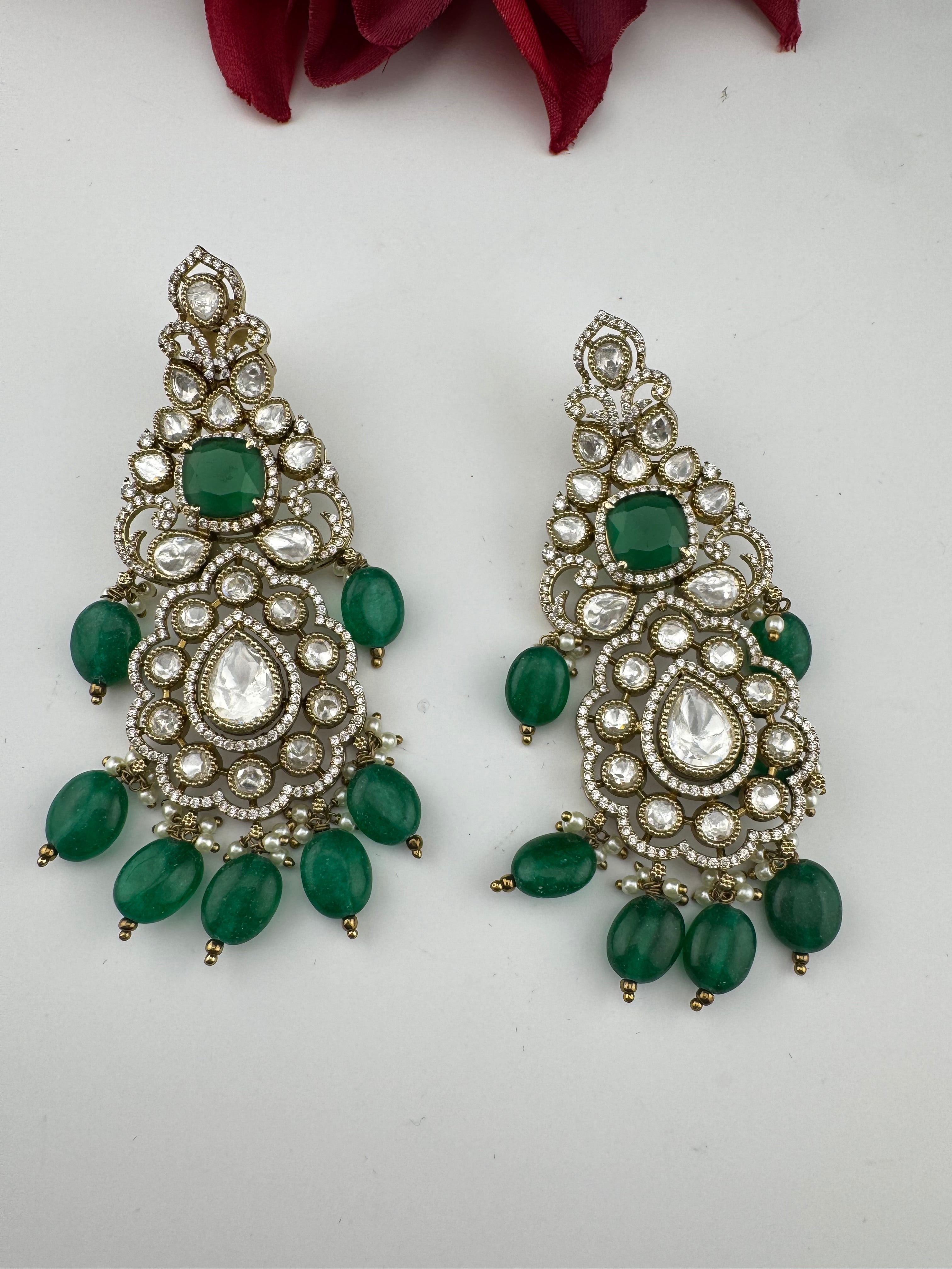 Green and Gold Kundan, Pearls Chandelier Long Earrings, Bridal, Moissanite, CZ, Designer jewelry