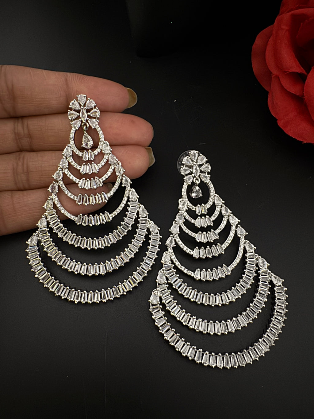 Premium Cubic Zirconia silver Chandelier Oversized earrings is designer Inspired, Statement Long earring, Bridal, Party, Wedding jewelry,