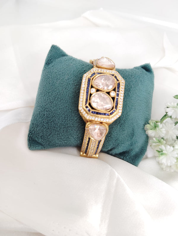 Moissanite Kundan, CZ Openable Bracelet Bangle, Gold Polish (Fits 2.6" wrists)
