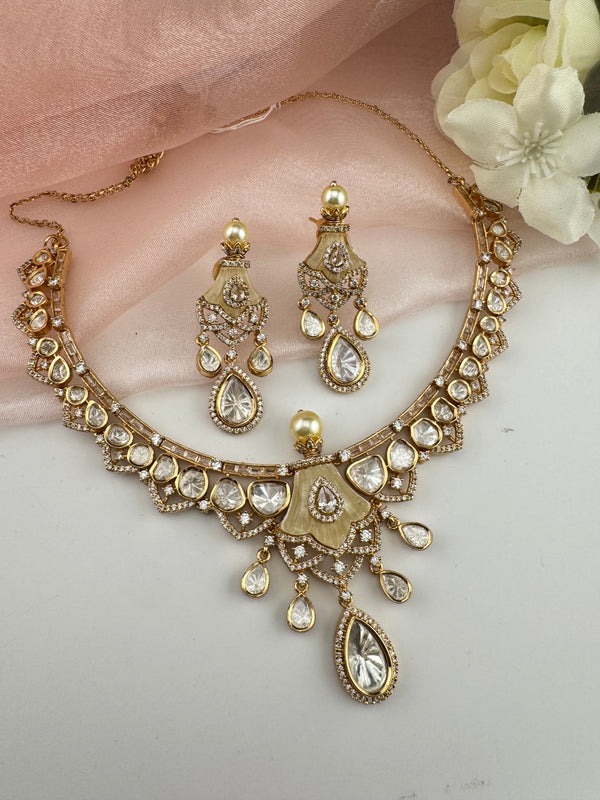 Kundan, Moissanite, MOP, CZ Flexible Gold necklace set, Indian Bridal Jewelry