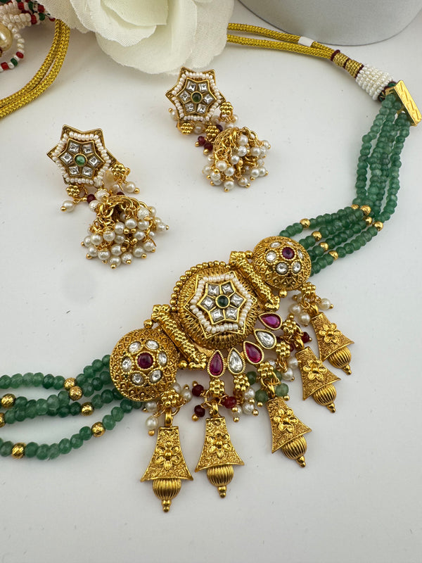Rajwadi Choker necklace set with jhumka, in kundan, pearls, hydro beads, Indian Bridal Jewelry set
