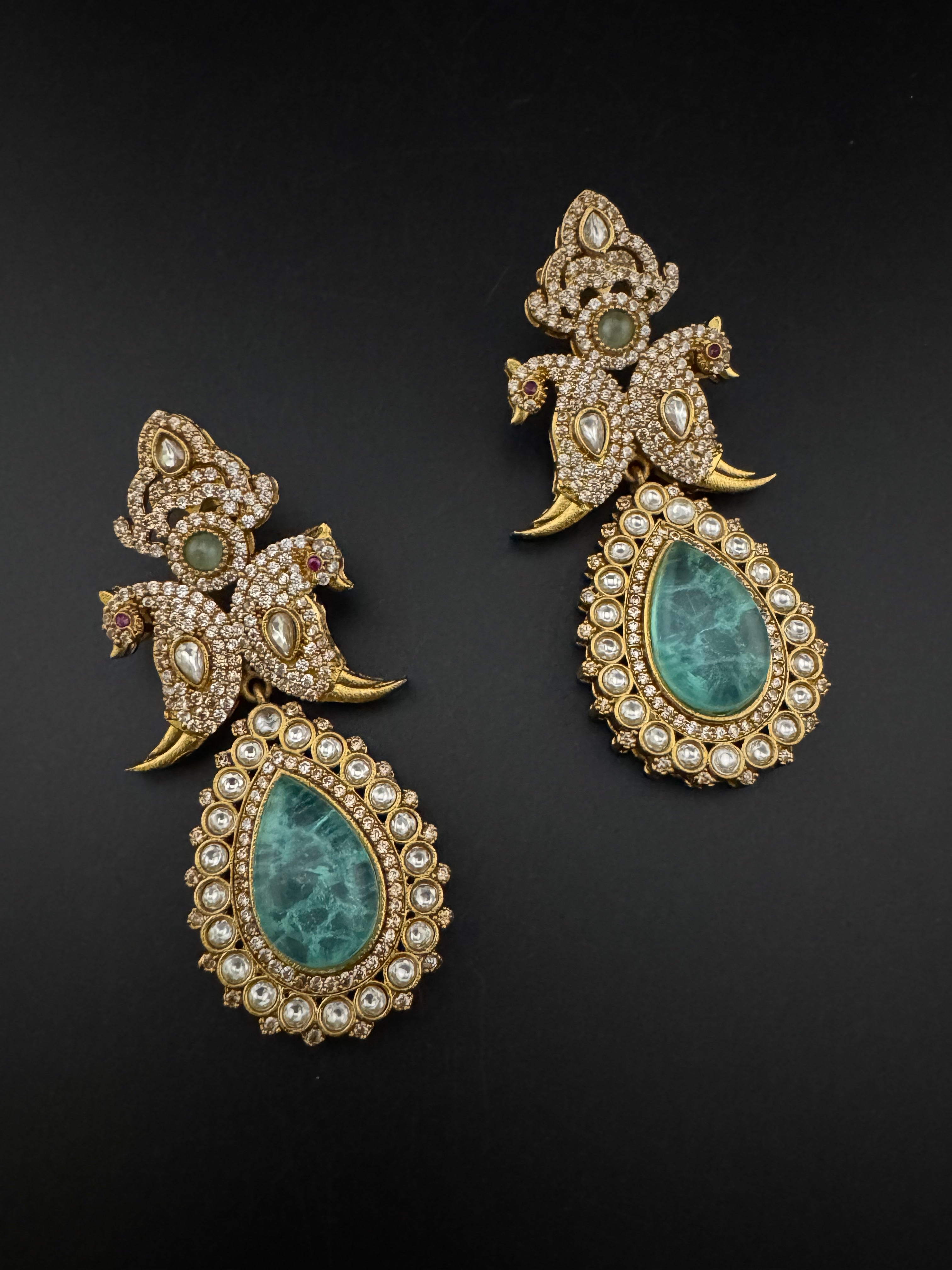 Blue Green and Gold, Doublet Stone Chandelier Long Earrings, Bridal, Moissanite, CZ, Designer jewelry