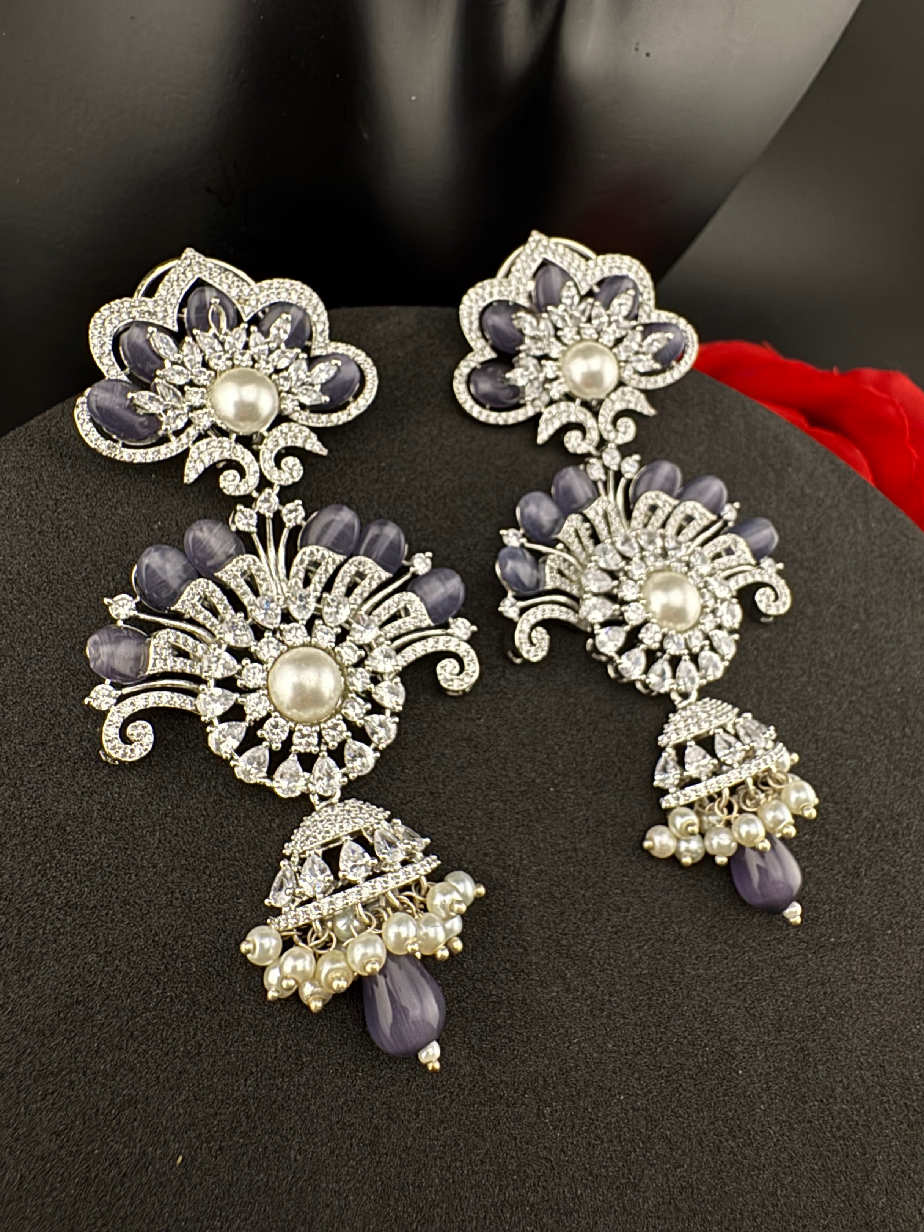 Premium Cubic Zirconia Pearl Chandelier Long earrings is designer Inspired, Statement Long Big earring, Bridal, Party, Wedding jewelry,