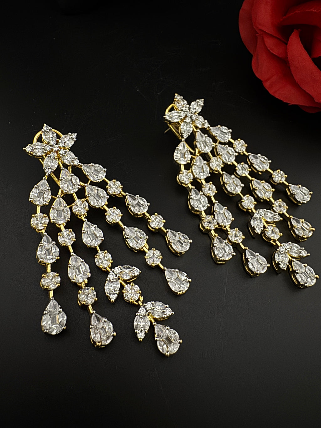 Premium Cubic Zirconia Chandelier earrings is designer Inspired, Statement Long earring, Bridal, Party, Wedding jewelry, Indian Chic Shiny
