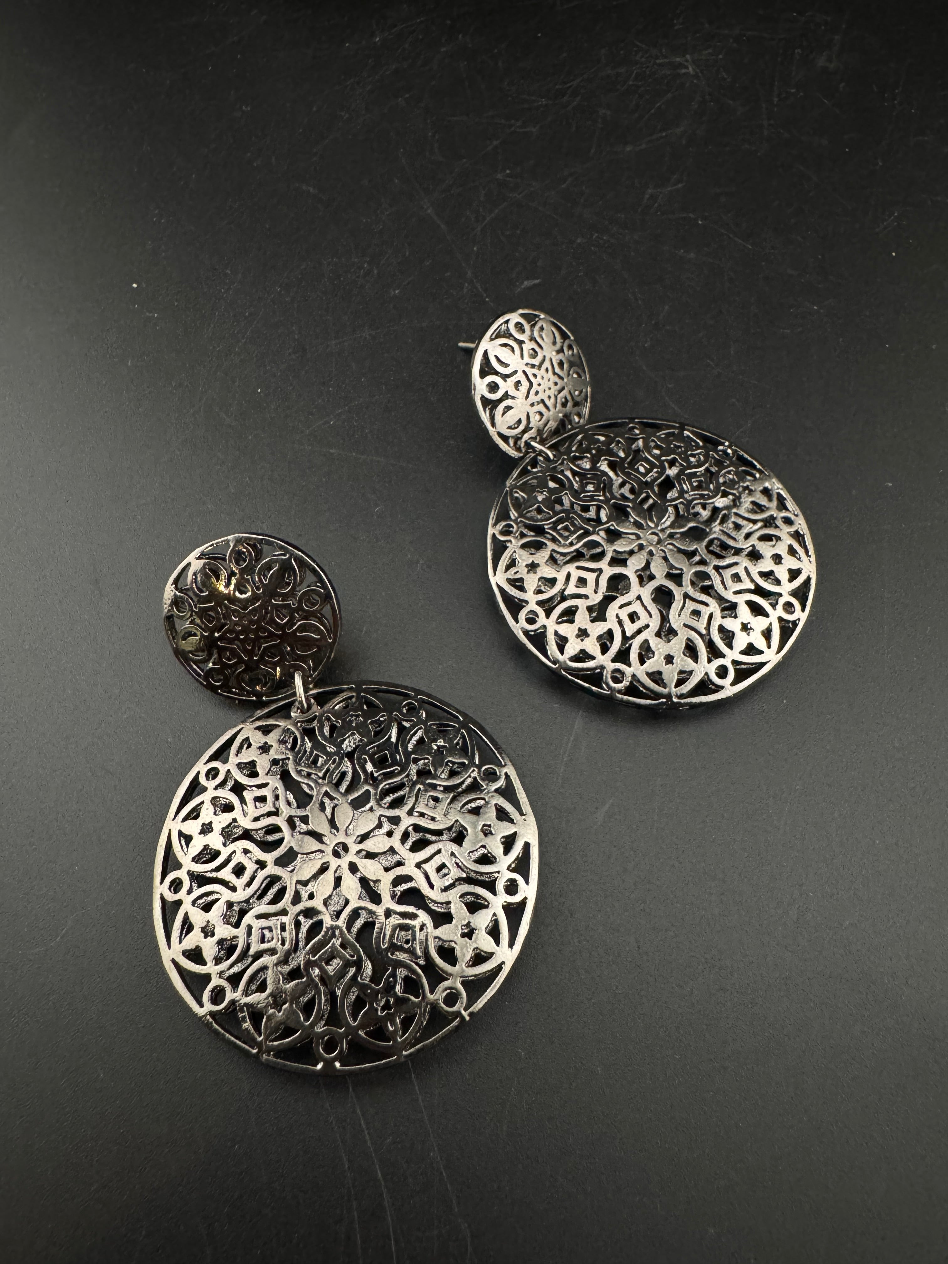 Black Metal, oxidized silver chandbali earring self cut design/Statement Earring/Boho Earrings/Lightweight jewelry