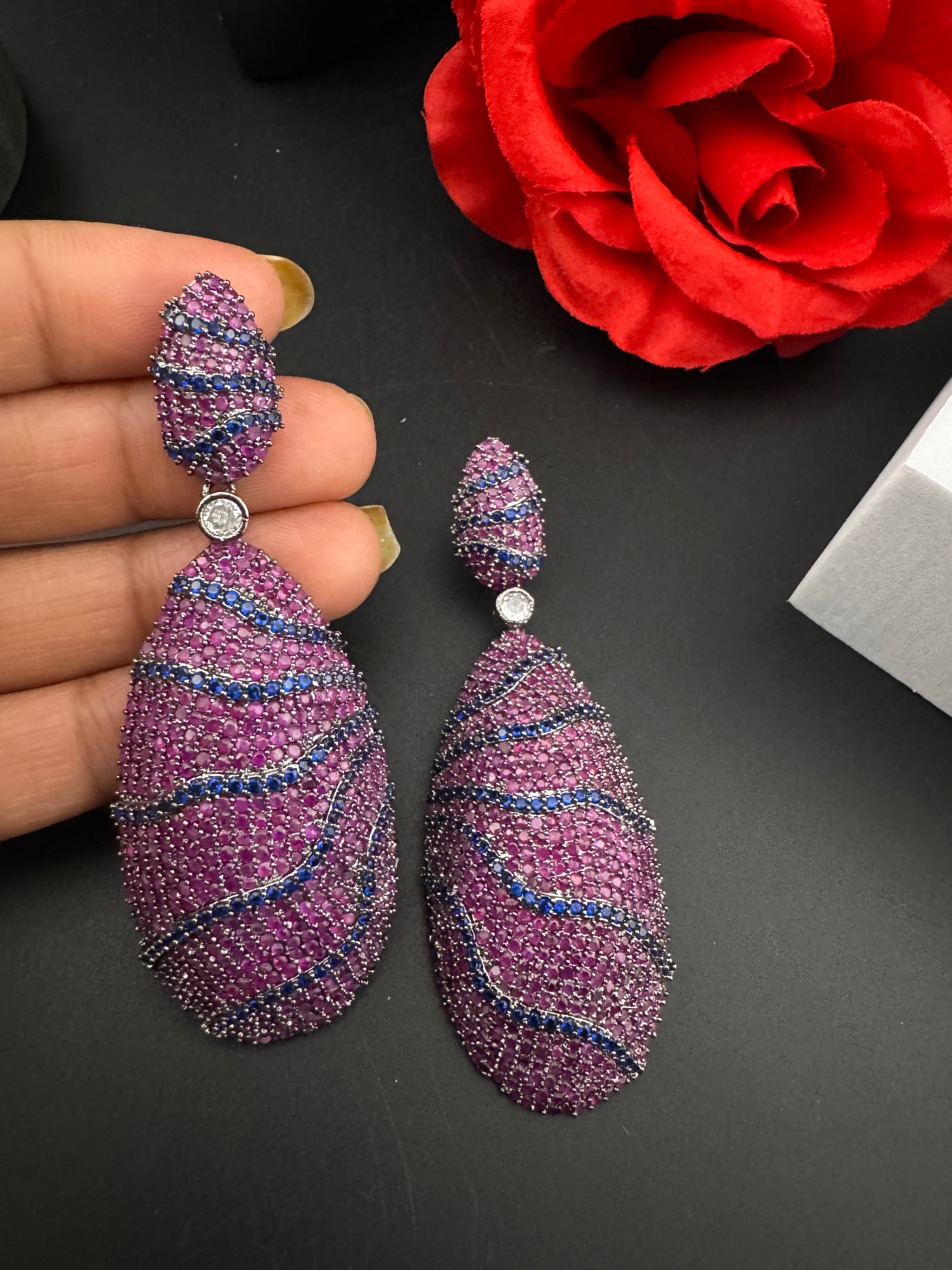 Premium Nano Setting Cubic Zirconia Victorian Long earrings in Dangle Drop shape, designer Inspired Statement long drop dangle earrings